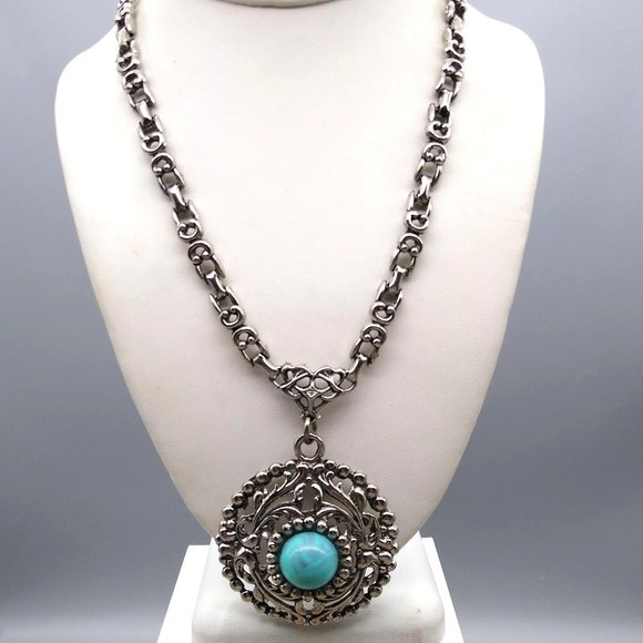 Vintage Bold and Chunky Medallion Lavalier, Marbled Plastic Cabochon Pendant - Picture 1 of 4